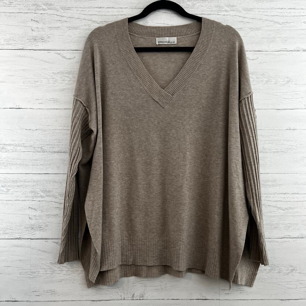Zenana Heather Tan Long Sleeve V Neck Sweater Size S/M